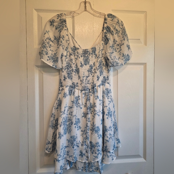 As U Wish Blue & White Floral Toile Mini Dress - Smocked Back - Size Medium - Picture 4 of 8